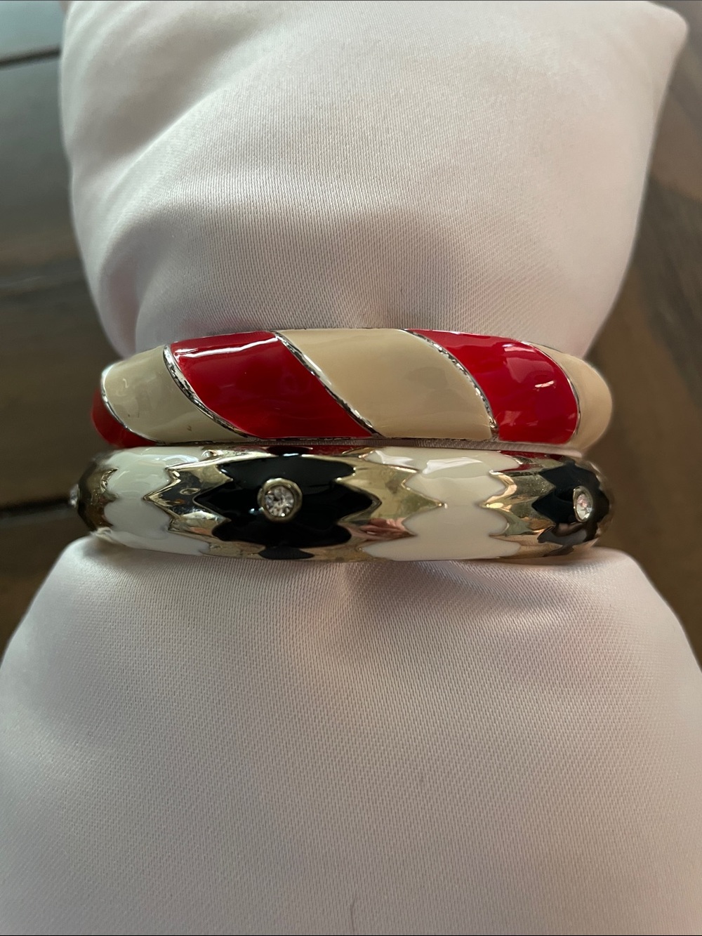 Vintage Enamel Clamper Bangles - Candy Cane Stripe & Black/Cream Arabesque